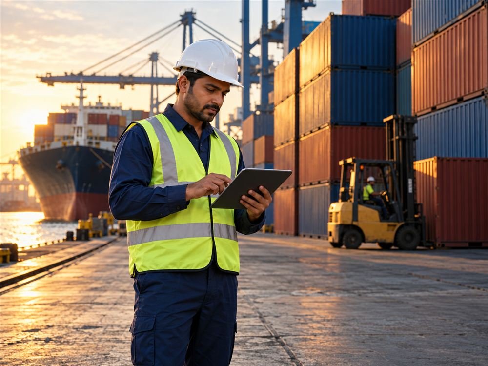 Port officer checking AEO-T2 eligibility at a container yard